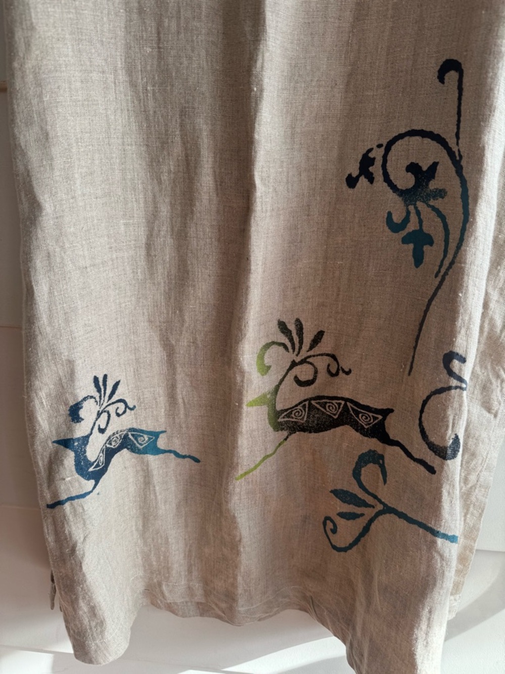 D Blue Vintage 100% Linen Ink Stamped Maxi Dress M - Picture 3 of 7